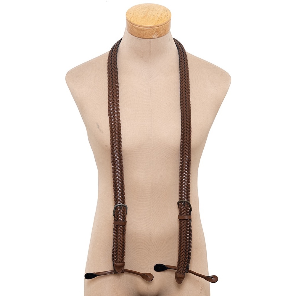VINTAGE HANDMADE WOVEN BRAIDED BASKET WEAVE LEATHER BUCKLE SUSPENDERS BRACES